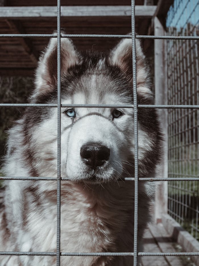 Close-up of an Alaskan Malamute dog behind a cage, showcasing its striking blue eyes.
